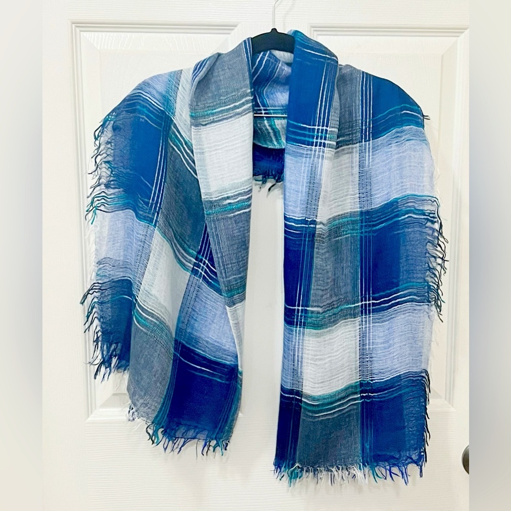 Blue Ladies Plaid Scarf Long Thin Material